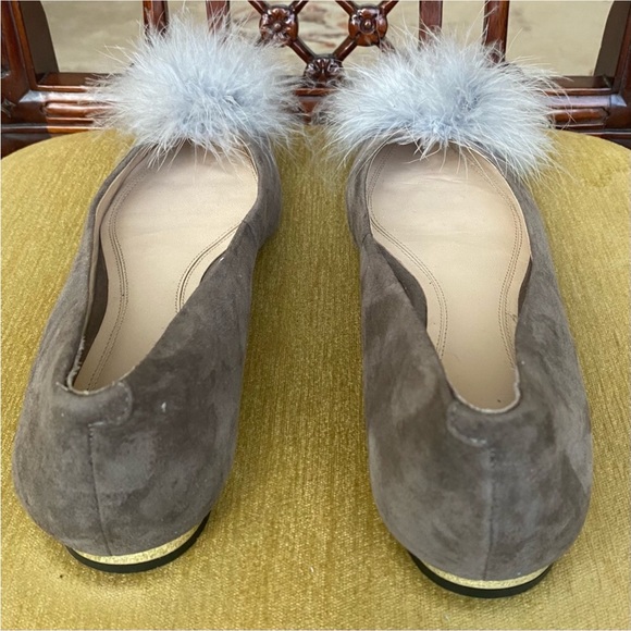 Marc Fisher Synal Grey Suede Pointed Toe Flats with Marabou Feathers Pom-Poms - Picture 10 of 13